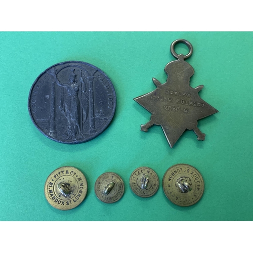 149 - A WW1 1914-15 Star named to 3-6556 Pte F Gilbert Norfolk Regiment, a selection of brass buttons plus... 