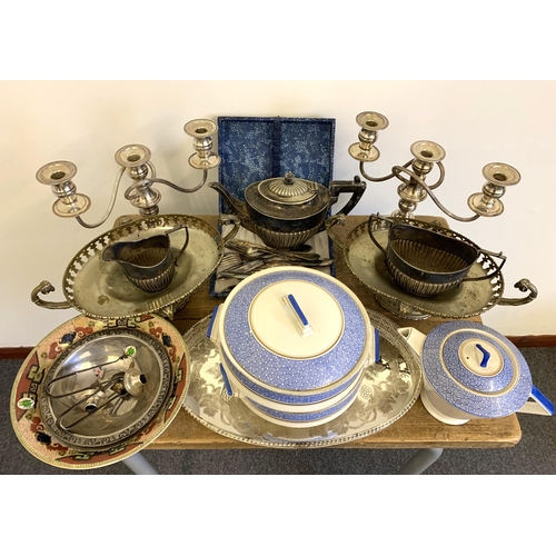 189 - A selection of silver plate including a three piece tea set, candelabra plus a Palissy teapot and tw... 