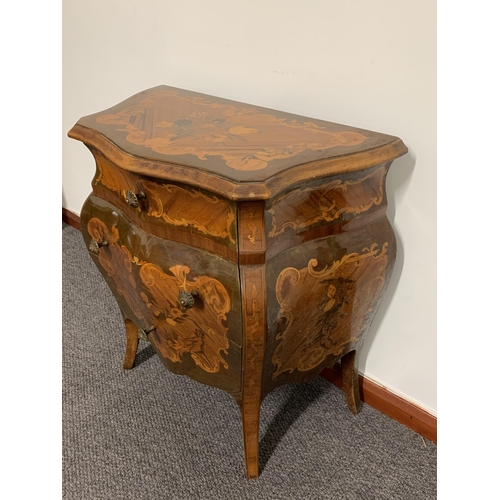 195 - A vintage reproduction French Empire style bombe form three drawer chest with sewing related content... 