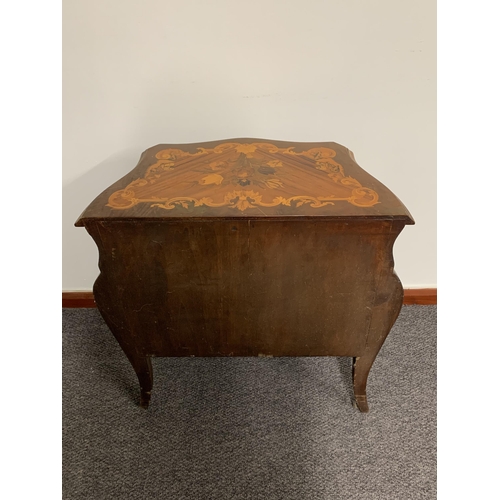 195 - A vintage reproduction French Empire style bombe form three drawer chest with sewing related content... 