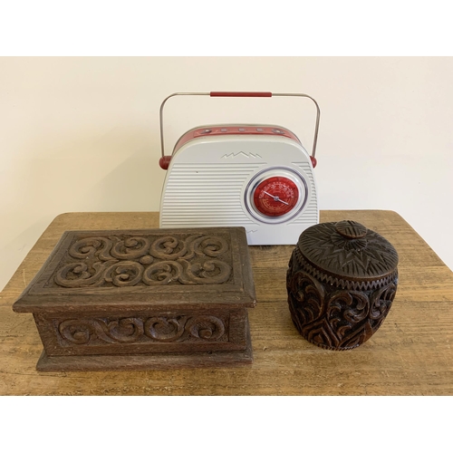 216 - A vintage carved wood small chest with inner lift out drawer, a carved wood lidded tobacco jar plus ... 