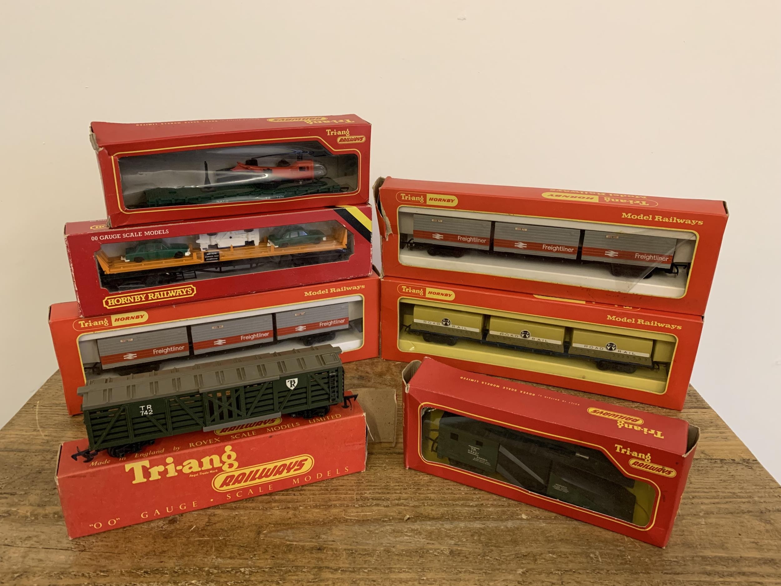 A Triang Hornby stock car R126, snow plough R138, helicopter car R128 ...