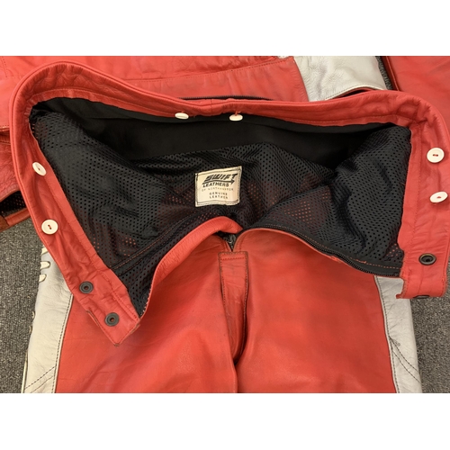 63 - A vintage set of leather motorcycle leathers, 'Swift Leathers of Northampton', red and silver with '... 