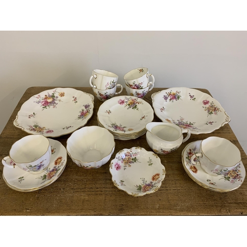 80 - A Royal Crown Derby hand painted part tea set comprising of six cups and saucers, six side plates, t... 