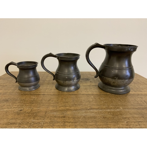 86 - Vintage James Yates of Birmingham graduated pewter tankards, qt, pt and 1/2 pt, various date marks