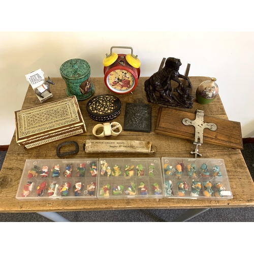 96 - Mixed items including a Disney Mickey Mouse alarm clock dated 1988, Prattware tobacco jar (chips to ... 