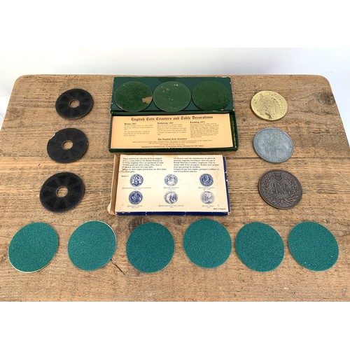 230 - Various oversized historic coin coasters, some boxed