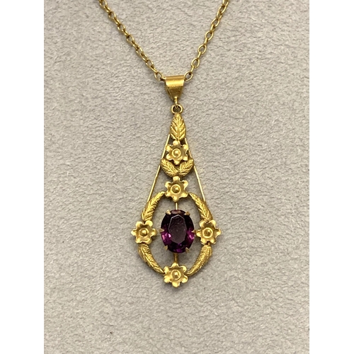 128 - A 9ct gold and amethyst stone set pendant on yellow metal chain, total weight approx. 3.4g plus a pa... 