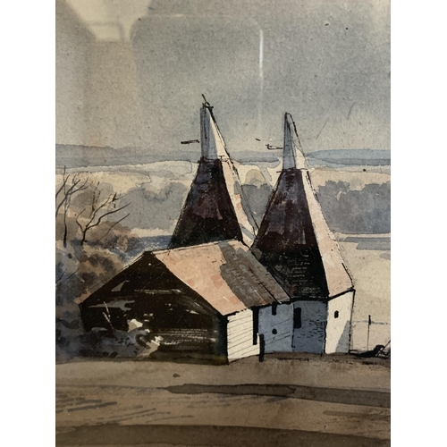 196 - Rowland Hilder (1905-1993), framed and glazed watercolour of a Kentish oast house in a landscape, ar... 