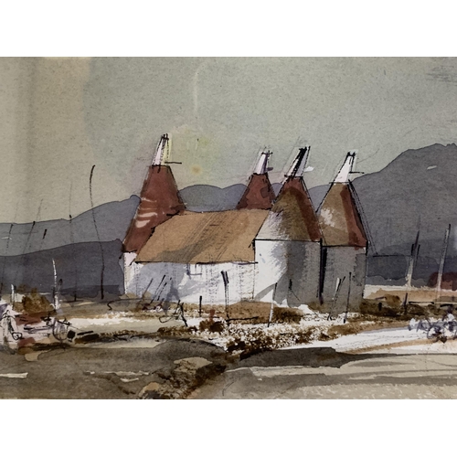 197 - Rowland Hilder (1905-1993), framed and glazed watercolour of a Kentish oast house next to the coast,... 