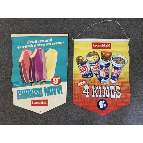 200 - Two vintage pre decimal Lyons Maid vinyl advertising banners, 'Cornish Mivvi' and '4 Kings', both ap... 