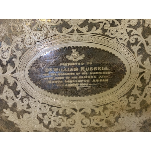 205 - Three good sized vintage silver plated gallery trays, one with dedication 'Presented to Dr William R... 