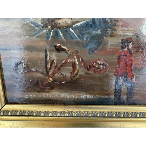 242 - A gilt framed oil on board of a seascape of Gorleston pier 1880, signed K Middleton 1975 bottom righ... 