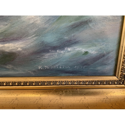 242 - A gilt framed oil on board of a seascape of Gorleston pier 1880, signed K Middleton 1975 bottom righ... 