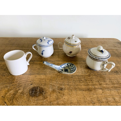 249 - Three scarce 18th Century porcelain covered cream or chocolate pots, one hand painted pearlware body... 