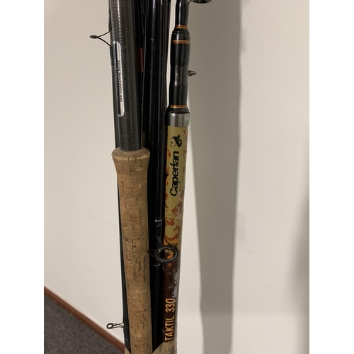 265 - A Simpson Retail Ledger rod, a Mustang spinning rod, a Popular match rod, a set Sander telescopic fi... 