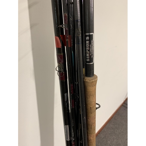 265 - A Simpson Retail Ledger rod, a Mustang spinning rod, a Popular match rod, a set Sander telescopic fi... 