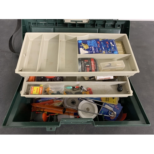 277 - A large quantity of terminal fishing tackle in a vintage fishing seat, a live bait box plus another ... 