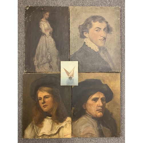 28 - Four antique oils on canvas including a man and woman, one signed bottom right 'B M Dunsmore' 13