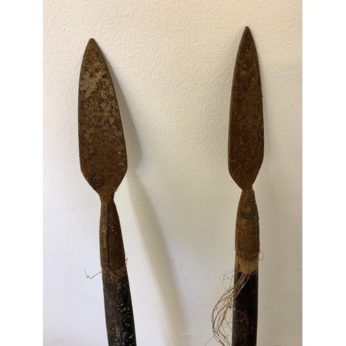 281 - Two antique wood handled spears with decorated shafts 48