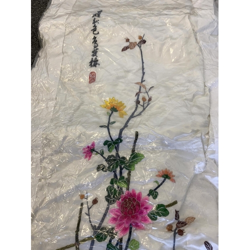 81 - A fine vintage Chinese hand sewn silk panel decorated with flowers and quail, the border lined with ... 