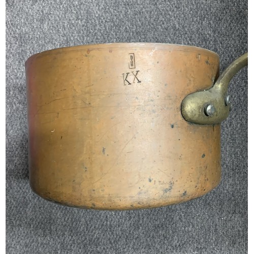 97 - Five large and very heavy copper saucepans, believed to have come from British Rail kitchens, one po... 