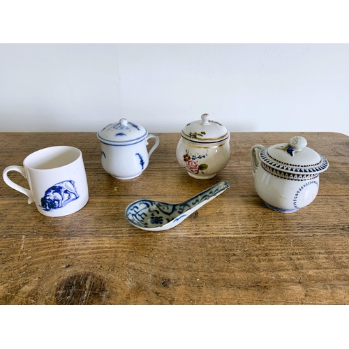 326 - Three scarce 18th Century porcelain covered cream or chocolate pots, one hand painted pearlware body... 