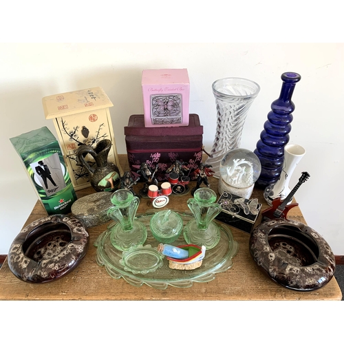 1 - A box of mixed items including ceramics, glass, snow globe, Oriental jewellery box etc