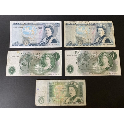 192 - Two Duke of Wellington five pound notes together with two J B Page one pound notes and one later, al... 