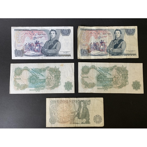 192 - Two Duke of Wellington five pound notes together with two J B Page one pound notes and one later, al... 