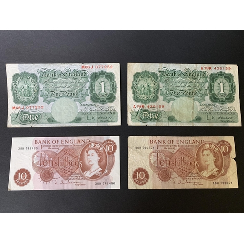 193 - Two L K O'Brien one pound notes plus two 10 shilling notes, circulated