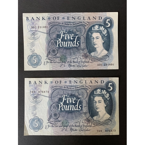 194 - Two J S Fforde five pound notes, clean condition