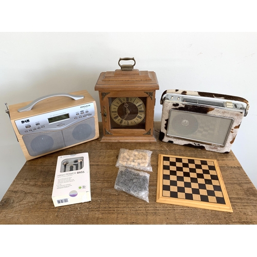 2 - A vintage Bush radio with faux fur effect case, a Ferguson FRG-120D DAB radio, wooden cased clock et... 