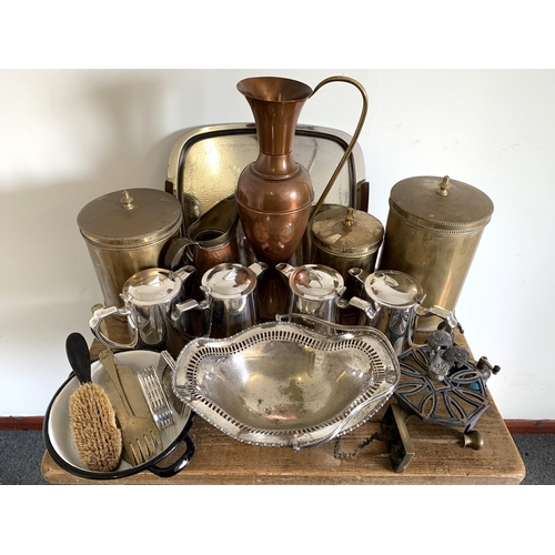 20 - A box of mixed metalwares including a graduating set of lidded cannisters