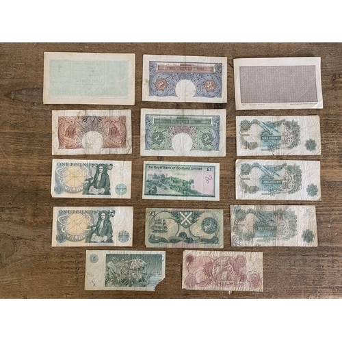 201 - Vintage British banknotes, including Peppiatt one pound, O'Brien one pound and ten shillings plus tw... 