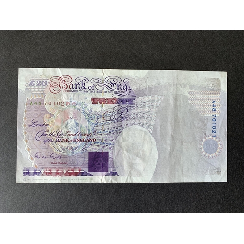 202 - A rare 1991 error £20 note, George M Gill, Serial No.A48 701 021, the right side of the obverse has ... 