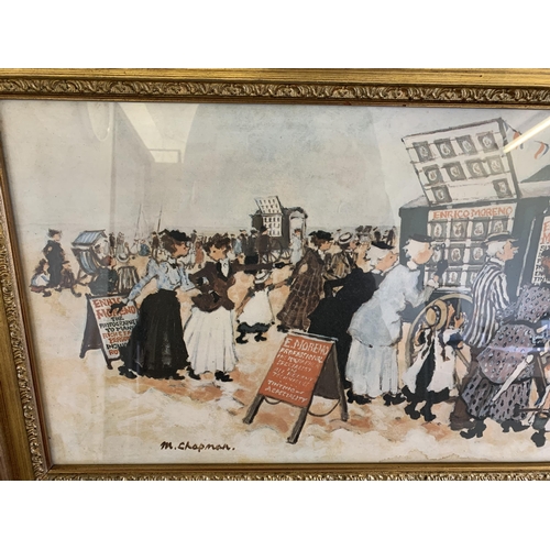 204 - A large gilt framed and glazed print of a turn of the century seafront scene, marked M (Margaret) Ch... 