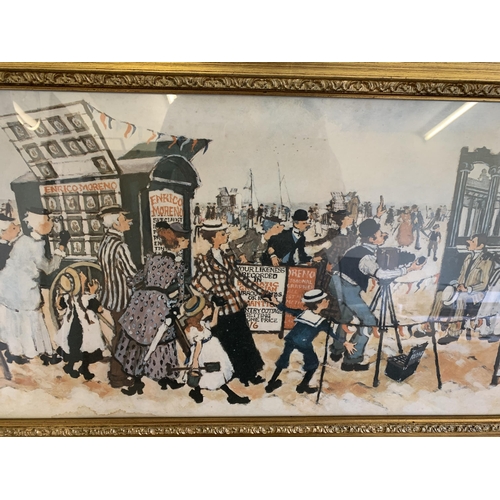 204 - A large gilt framed and glazed print of a turn of the century seafront scene, marked M (Margaret) Ch... 