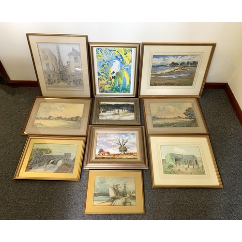 208 - Mixed vintage framed and glazed watercolours, framed oils, artist signed prints etc, 10 in total