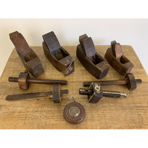 21 - Four vintage wood box planes and four vintage mortice gauges and marking gauges, all marked W.Balls ... 