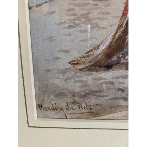 214 - R.Douglas (Rose Douglas, active 1893-1898), framed and glazed watercolour 'Mending the Nets', 9 1/2