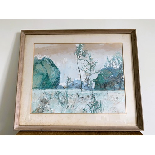 233 - A framed and glazed watercolour of trees in a field, indistinct signature bottom right, 22 1/2