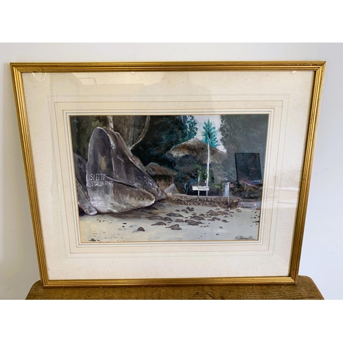 238 - A framed and glazed watercolour of a beachside restaurant, signed bottom right, possibly 'A Libanoti... 