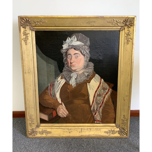 240 - A large portrait oil on canvas of a 19th Century lady in heavy gilt frame, no signature, possible la... 