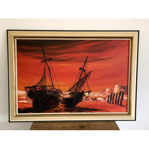 241 - A retro vintage oil on canvas picture of beached boats, signed 'Debion' middle bottom, 35