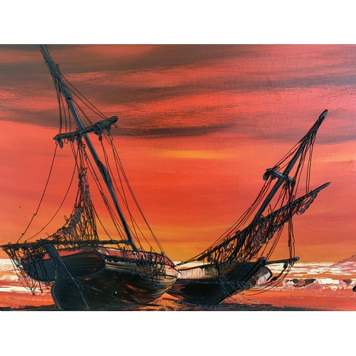 241 - A retro vintage oil on canvas picture of beached boats, signed 'Debion' middle bottom, 35