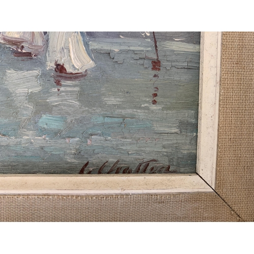 249 - Geoffrey Chatten (b.1938), small oil on board of sailing vessels, signed bottom right, 7 1/4