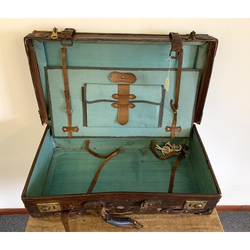 262 - A vintage leather suitcase with blue lined interior and documents wallet (outer with old repairs and... 