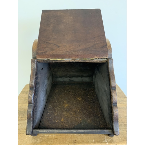 269 - A good sized vintage (possibly elm) coal box with brass hinges and handle, metal base liner with woo... 