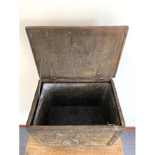 275 - A wooden carcass and brass covered vintage coal box with liner, 19 1/2